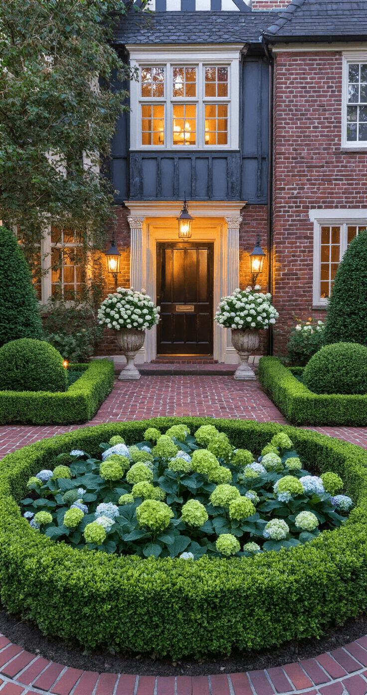 Eye-level dusk shot of a Tudor home's formal garden entrance with symmetrical design, featuring a classic pair of 6ft hydrangea standards in antique urns, perfectly manicured 4ft boxwood parterre, and 5ft weigela softening corners, all enhanced by warm copper path lighting against a backdrop of aged brick and a color palette of deep green, antique copper, powder blue, and warm brick red.