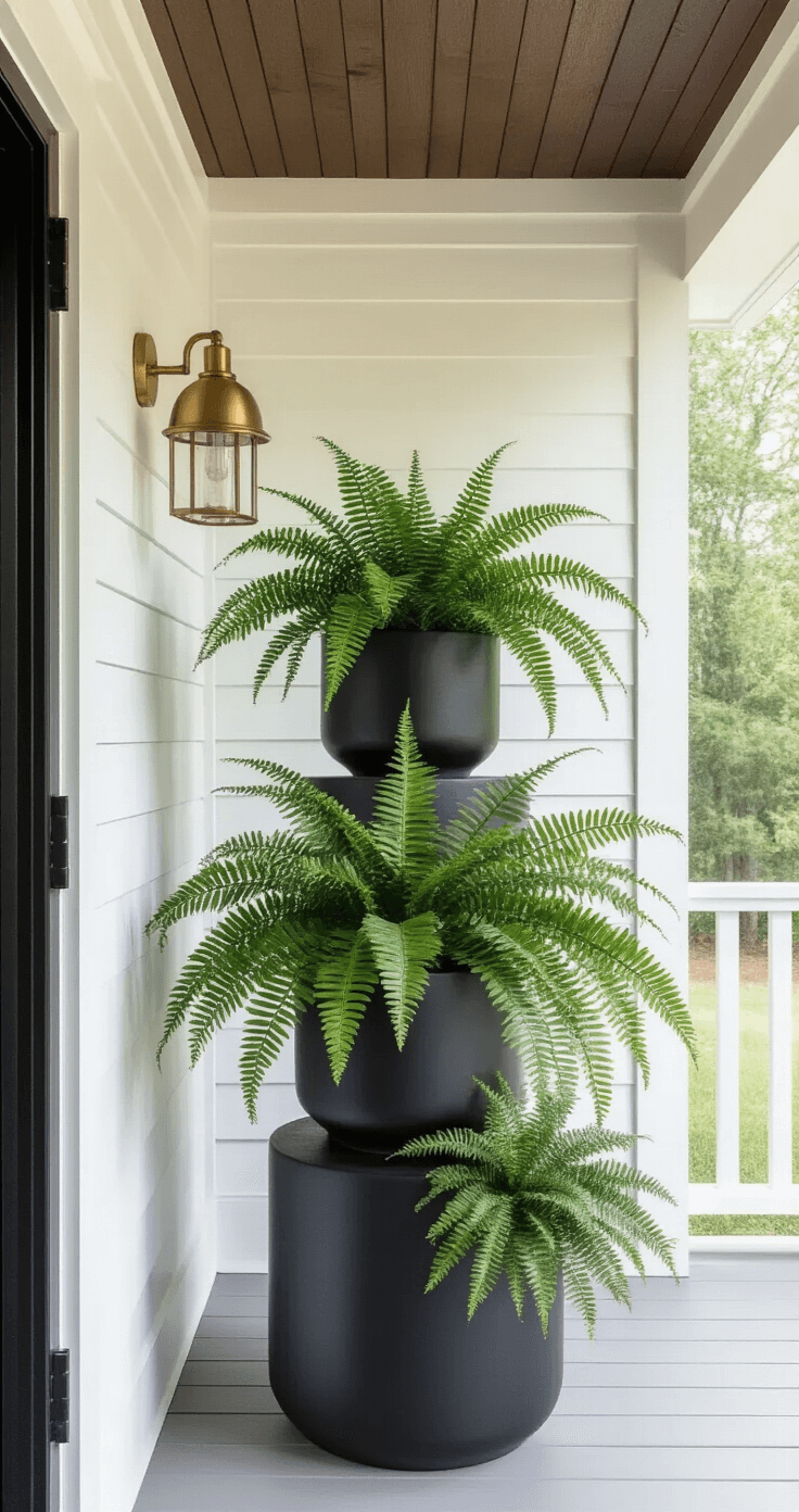 A modern farmhouse porch corner featuring a tiered display of three Kimberly Queen ferns in matte black ceramic pots of varying sizes, against white shiplap walls and a dark stained wood ceiling, illuminated by morning light and a brass wall sconce.