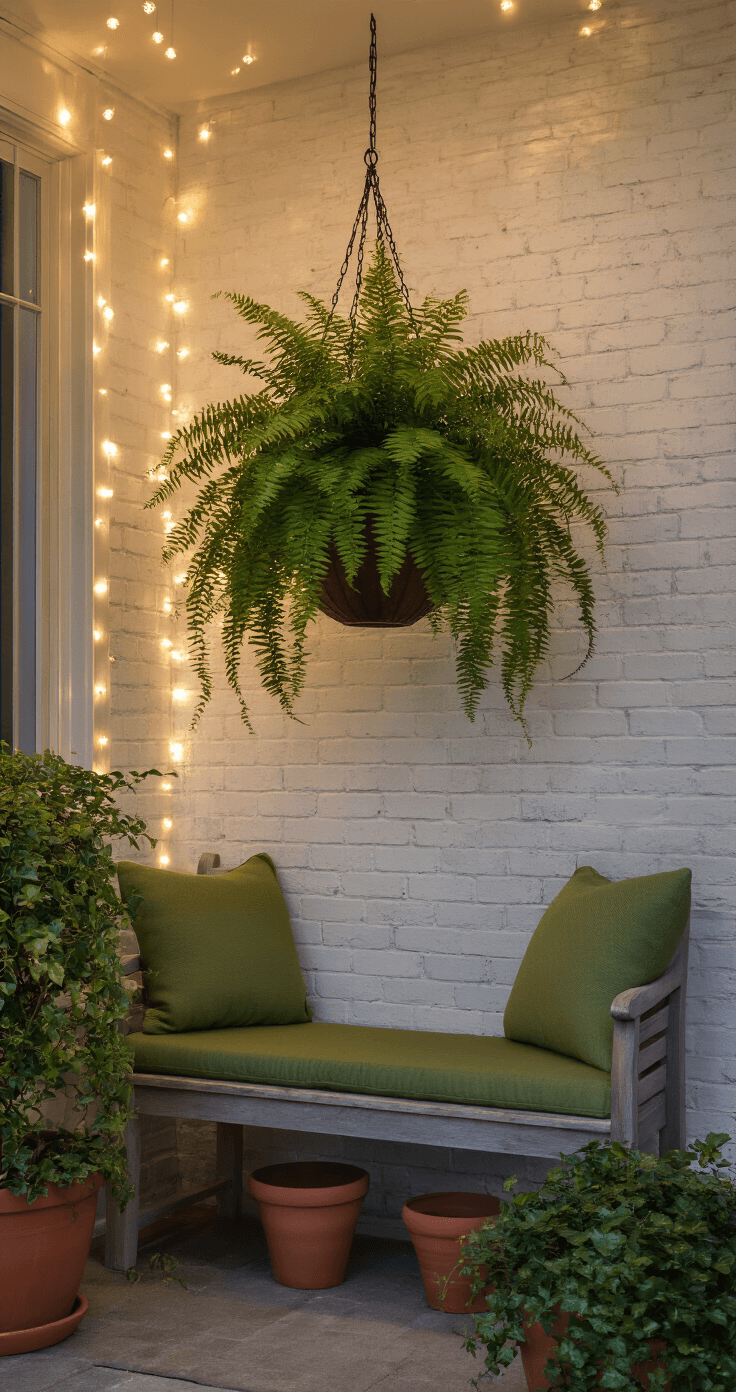 Intimate porch nook at twilight featuring a cascade of Boston ferns in an antique bronze planter above a whitewashed brick wall, with ambient string lights creating a bokeh effect, a weathered teak bench with sage green cushions, and terra cotta pots of trailing ivy at the base.