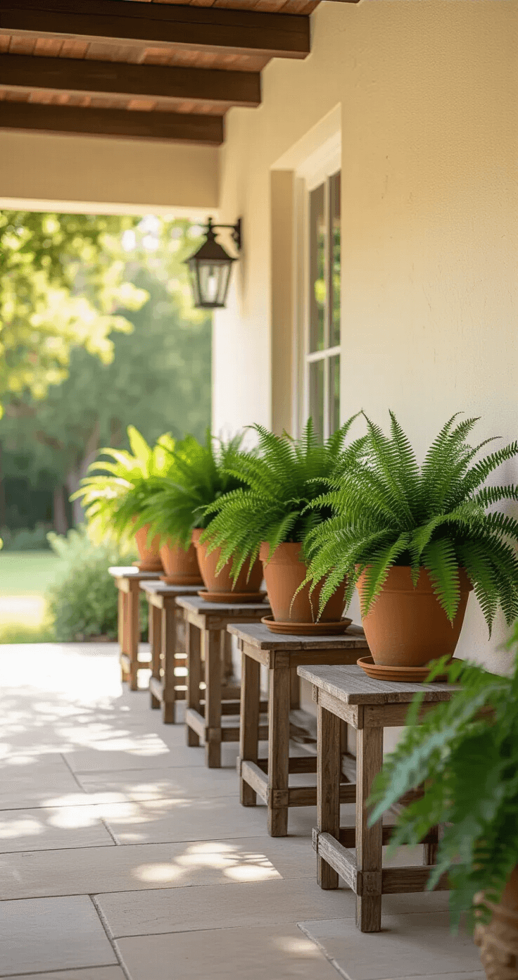 A sunlit side porch featuring five matching Kimberly Queen ferns in terra cotta pots on rustic wood stands of varying heights, against a cream stucco wall, with dappled light filtering through a pergola above.