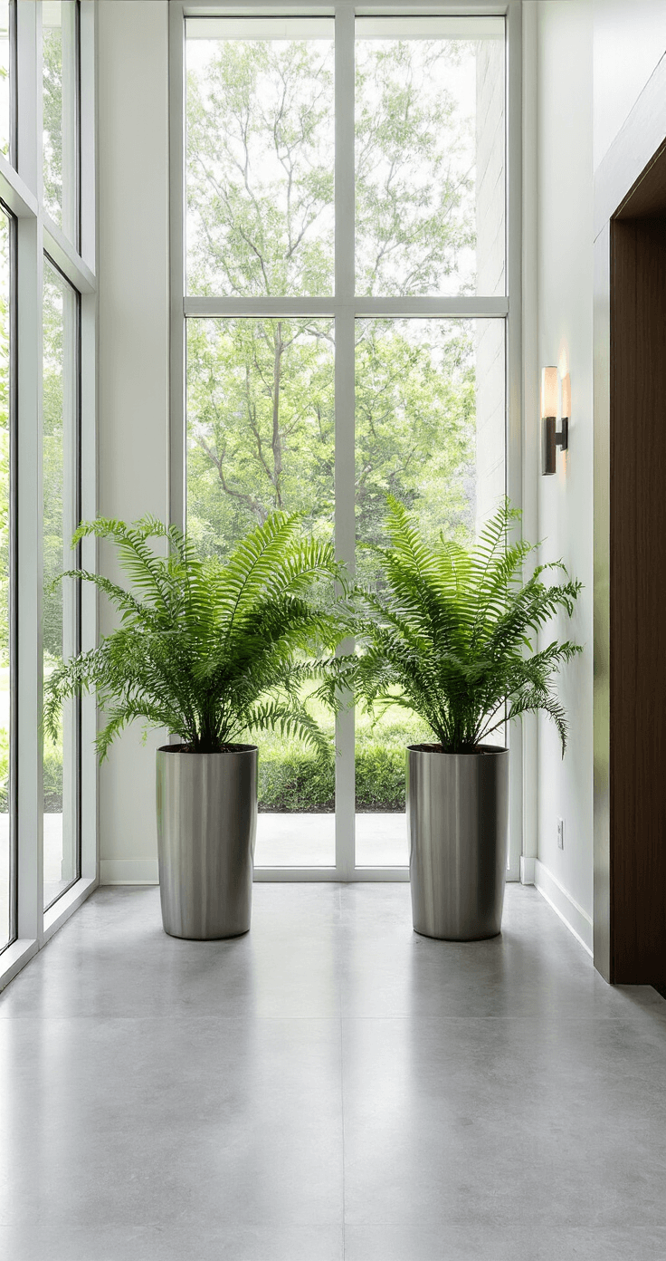 Contemporary covered entry featuring symmetrical arrangement of four Kimberly Queen ferns in brushed aluminum planters, with floor-to-ceiling windows reflecting greenery and polished concrete floors, illuminated by minimalist sconces.