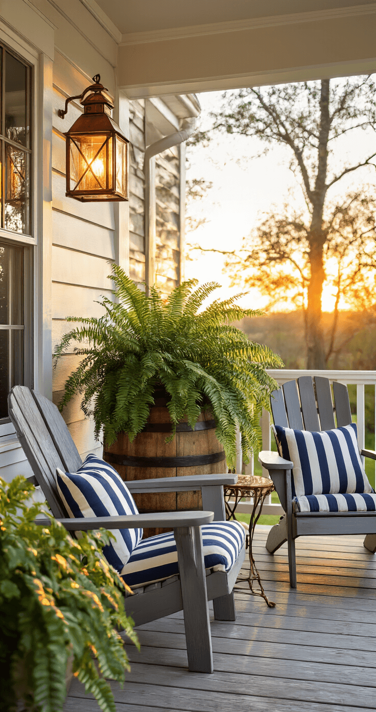 Cozy cottage porch reading nook at sunset featuring an oversized Boston fern in a distressed wooden barrel planter, a weathered gray Adirondack chair with striped navy cushions, a vintage metal side table, and a warm copper lantern, all illuminated in golden hour lighting.