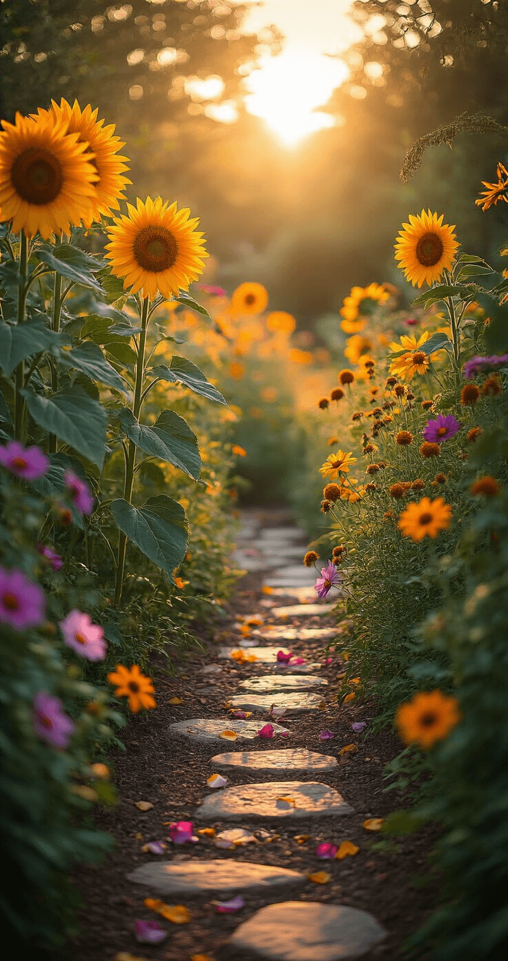 A sunlit cottage garden during golden hour, featuring towering sunflowers, wild cosmos, and marigolds in an untamed arrangement. A natural stone pathway, partially hidden by scattered petals, winds through the rich earth-toned scene, captured with a soft bokeh effect and shallow depth of field.