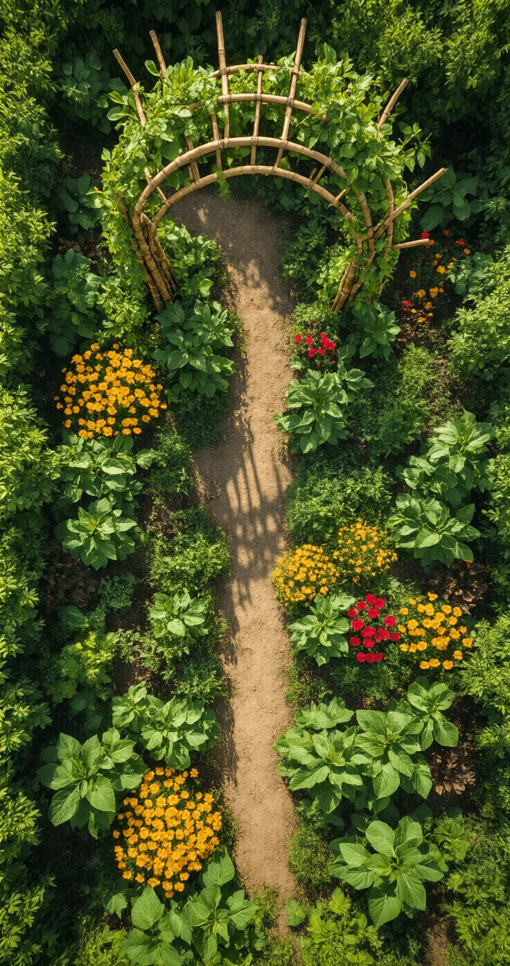 Overhead view of a chaotic yet harmonious garden measuring 40x40ft, featuring intertwining bean vines forming archways over bamboo, vibrant flowers in a mix of emerald greens, bright yellows, and deep crimsons, with strong shadows enhancing the textures of the plants.