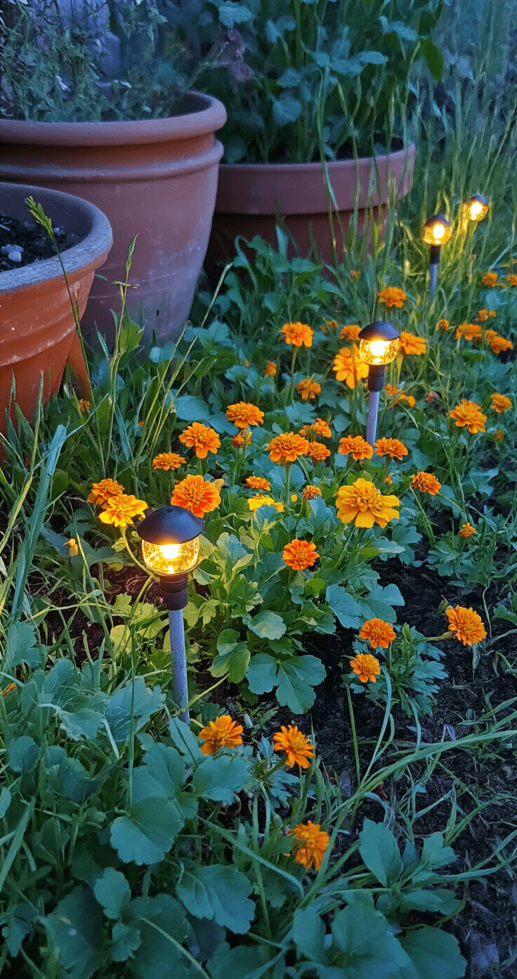 Close-up of a twilight garden featuring radishes among marigolds and native grasses, illuminated by warm solar lights, with weathered terracotta pots and a variety of textures from leaves and flowers, shot for dramatic depth of field.
