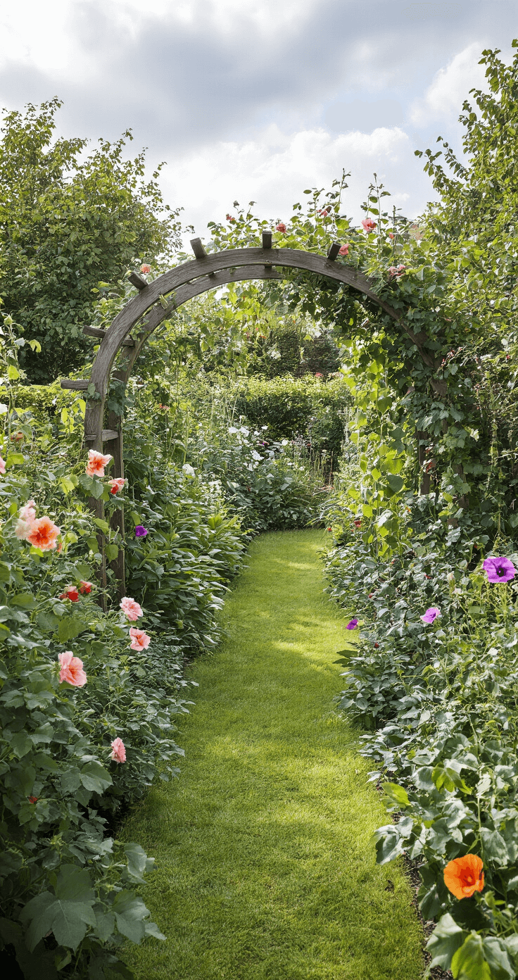 Side-angle view of a sloped garden featuring a mix of climbing roses, runner beans, and morning glories under soft cloud-diffused sunlight, with a rustic wooden arch partly obscured by lush, cottage-style planting in an earth-toned palette accented by jewel tones.