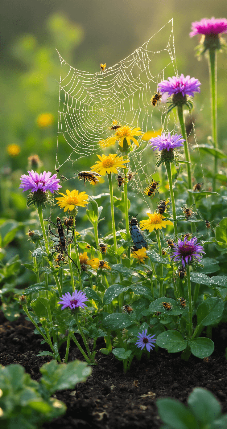 Macro shot of a 2x2ft garden section in early morning light, showcasing dense plant life with beneficial insects on native flowers. Dew-covered spider webs intertwine between stems, with multiple focal planes revealing rich layers of deep greens, vivid purples, and bright yellows.