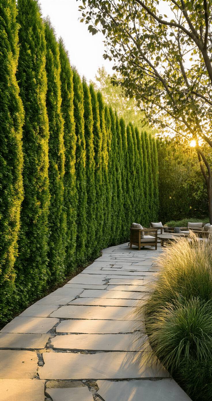 A serene backyard oasis with emerald green arborvitae trees creating a living wall, dappled sunlight filtering through, and a curved flagstone path leading to a cozy seating area with weathered teak furniture. Ornamental grasses of varying heights add texture, all bathed in warm golden light.