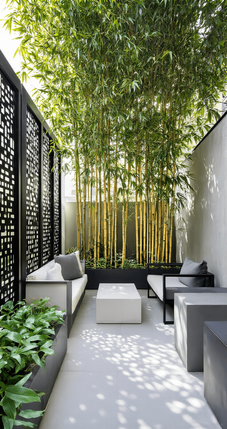 Modern urban terrace with sleek black steel privacy screens and lush bamboo clusters, featuring minimalist charcoal and white furniture, concrete planters, and a mix of materials, captured in bright mid-morning light.