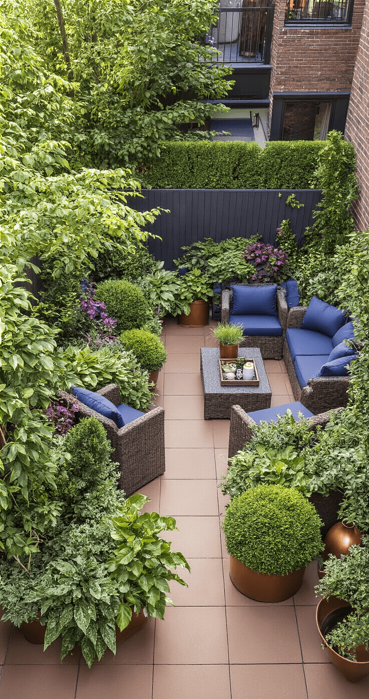 A ground-level view of a 12x18ft container garden sanctuary on a patio, featuring large wheeled planters with a mix of evergreens and flowering perennials. Dramatic side lighting enhances the textures of the plants. The space includes modular furniture with navy cushions and uses natural materials like terracotta, copper, and woven wicker, complemented by rich earth tones and accents of burgundy and deep blue.