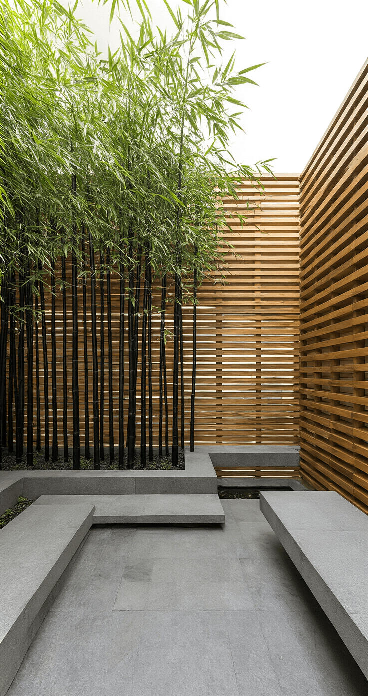 A minimalist courtyard featuring a black bamboo grove against horizontal cedar slat fencing, with smooth stone benches and a water feature, all arranged in a geometric composition that highlights clean lines and varying textures under bright noon lighting.