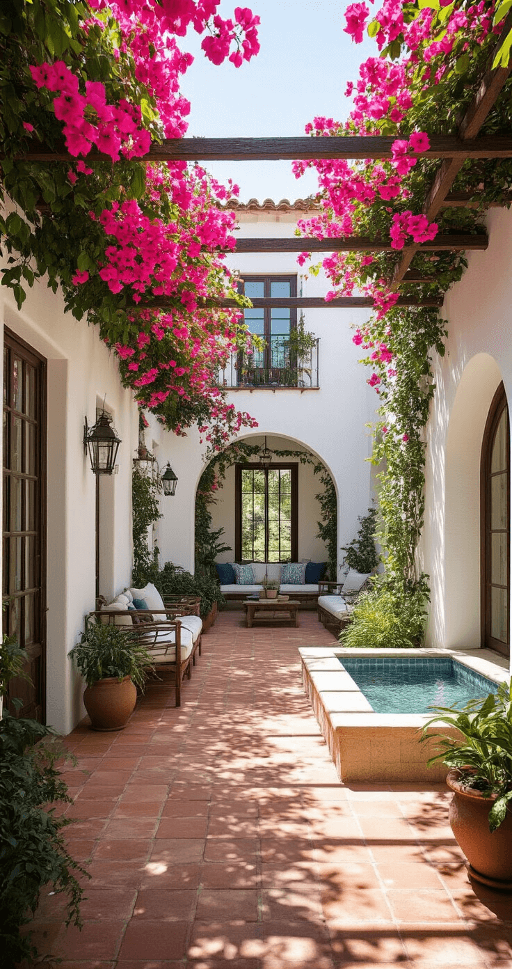 A sunlit Mediterranean courtyard featuring whitewashed stucco walls, vibrant pink bougainvillea on trellises, a terracotta tiled patio with built-in seating, and a decorative water fountain, all creating strong shadows and emphasizing architectural depth.