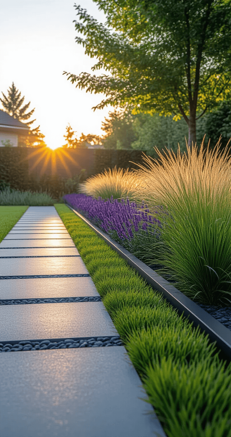 A contemporary backyard featuring a sleek 30-foot matte black steel garden border, lush grass, and architectural plants at golden hour, with natural stone pavers and purple salvia, captured from a ground-level perspective.
