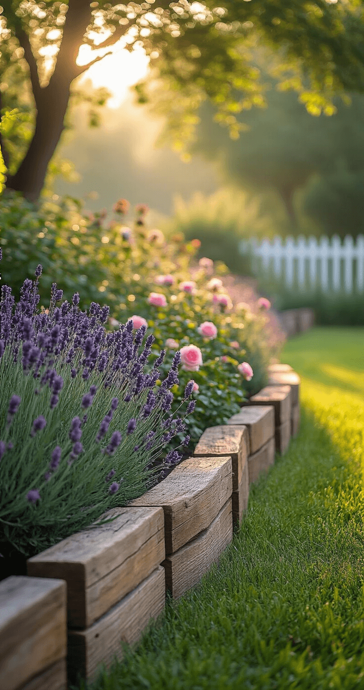 Early morning garden scene featuring rustic cedar plank edging curving around a flower garden of English lavender and pink roses, with a soft focus white picket fence in the background, dappled sunlight and morning mist enhancing the organic textures.