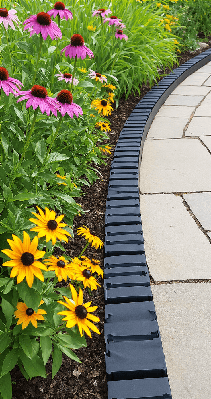 Bright daytime image of a curved flower bed defined by black recycled plastic edging, showcasing vibrant purple coneflowers and black-eyed susans, with a flagstone pathway nearby; sharp focus on the edging details and soft focus on the flowers.