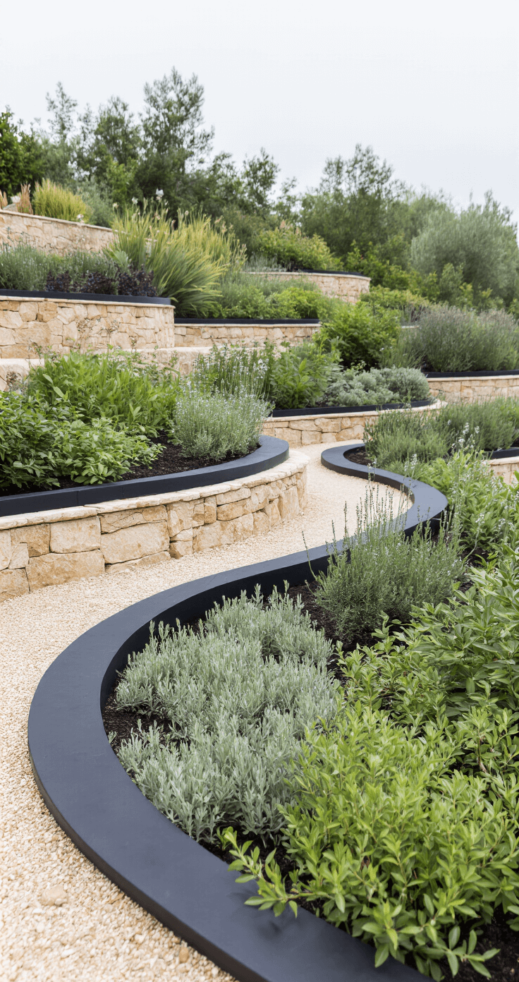 Flexible rubber edging in a terraced garden featuring Mediterranean herbs, natural stone retaining wall, and soft, diffused lighting highlighting vertical layers and textures in an earth-tone palette.