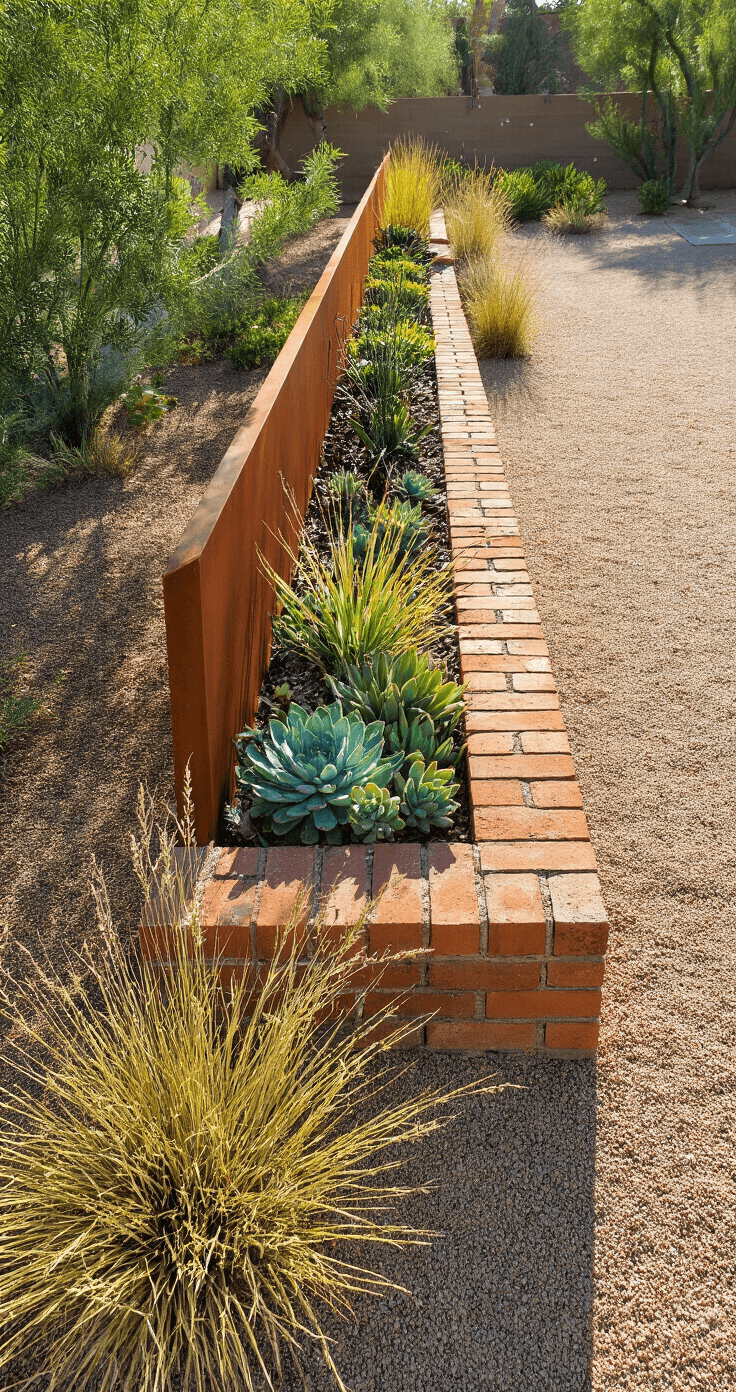 Overhead view of a 22-foot garden edge combining oxidized cor-ten steel and reclaimed brick, featuring drought-tolerant succulents and ornamental grasses, with a decomposed granite path nearby; hard afternoon light highlights the rust oranges and weathered reds of the materials against the desert plants.