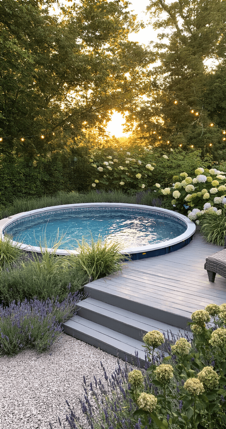 A scenic backyard pool area featuring a 15ft round above-ground pool, curved gray composite deck, natural stone steps, crushed river rock border with lavender and ornamental grasses, and mature hydrangeas for privacy, all illuminated by warm golden hour light with overhead string lights.