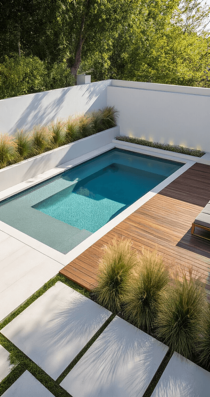 A minimalist outdoor pool retreat featuring an 18ft above-ground pool on a geometric IPE wood deck, surrounded by rectangular planters with feather reed grass, smooth concrete pavers, and architectural plants illuminated by uplighting, captured from an elevated angle to highlight the space's flow and material contrast.