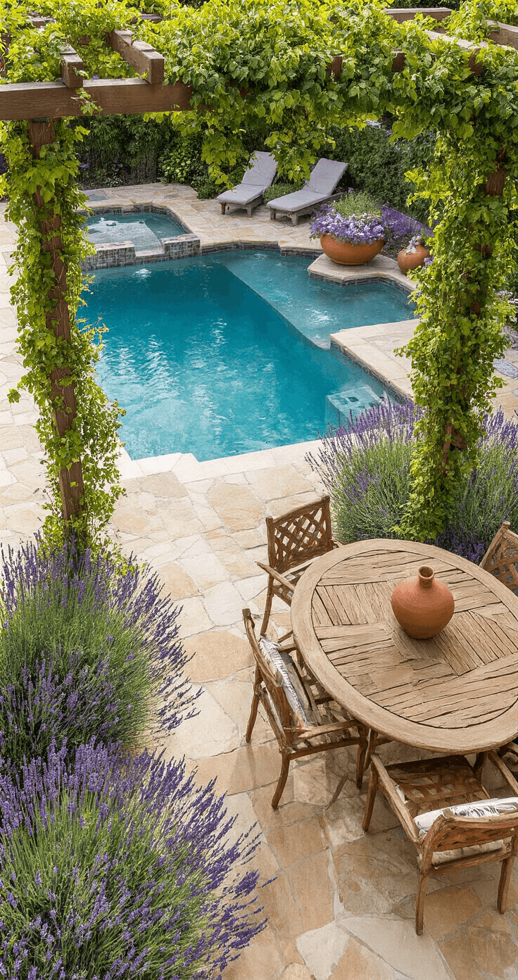 Aerial view of a Mediterranean pool garden featuring a 24ft pool surrounded by terracotta planters filled with lavender and rosemary, weathered stone pavers for dining under a pergola with climbing vines, all illuminated by late morning light.