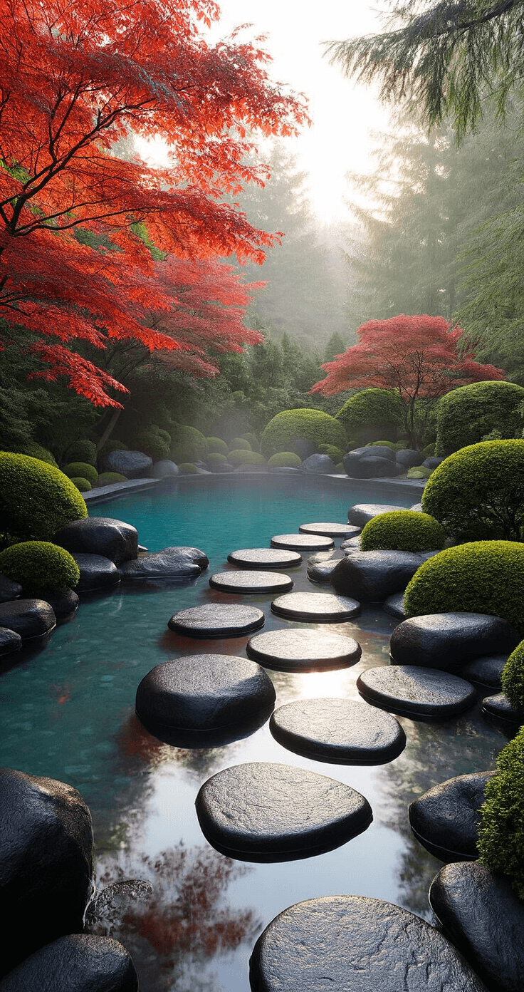 Serene zen pool retreat featuring a 16ft pool surrounded by Japanese maples and cloud-pruned evergreens, with black river rocks and stepping stones forming a meditative pathway, captured at dawn with misty lighting and tranquil water reflections.