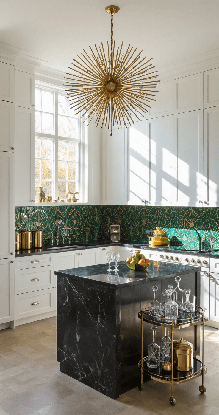 A spacious Art Deco kitchen featuring a sunburst chandelier above a black marble island, white cabinets, and an emerald green and gold tile backsplash, illuminated by natural light and warm LED spots.