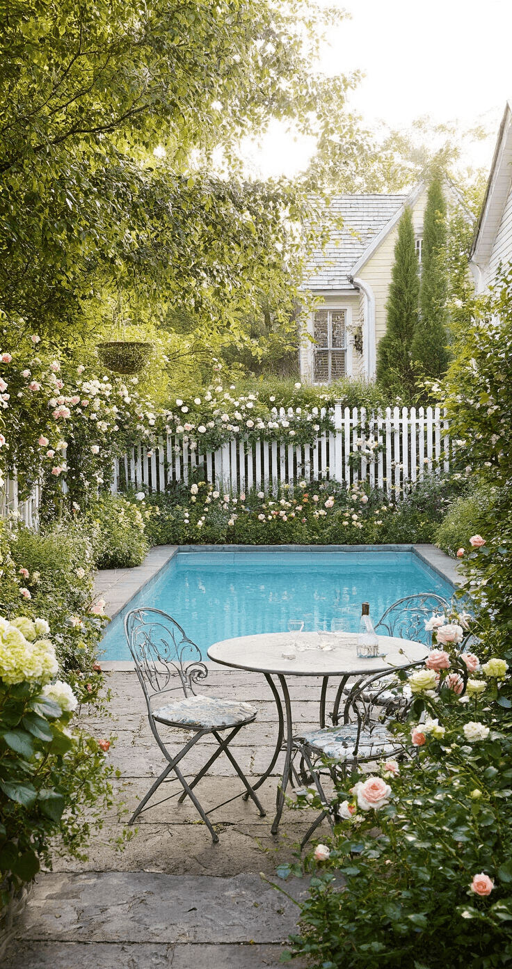 A charming cottage garden pool scene featuring a 14ft pool enclosed by a white picket fence adorned with climbing roses, surrounded by pastel-colored perennials. Vintage-style metal furniture rests on a crushed stone patio, all illuminated by the soft glow of magic hour lighting.