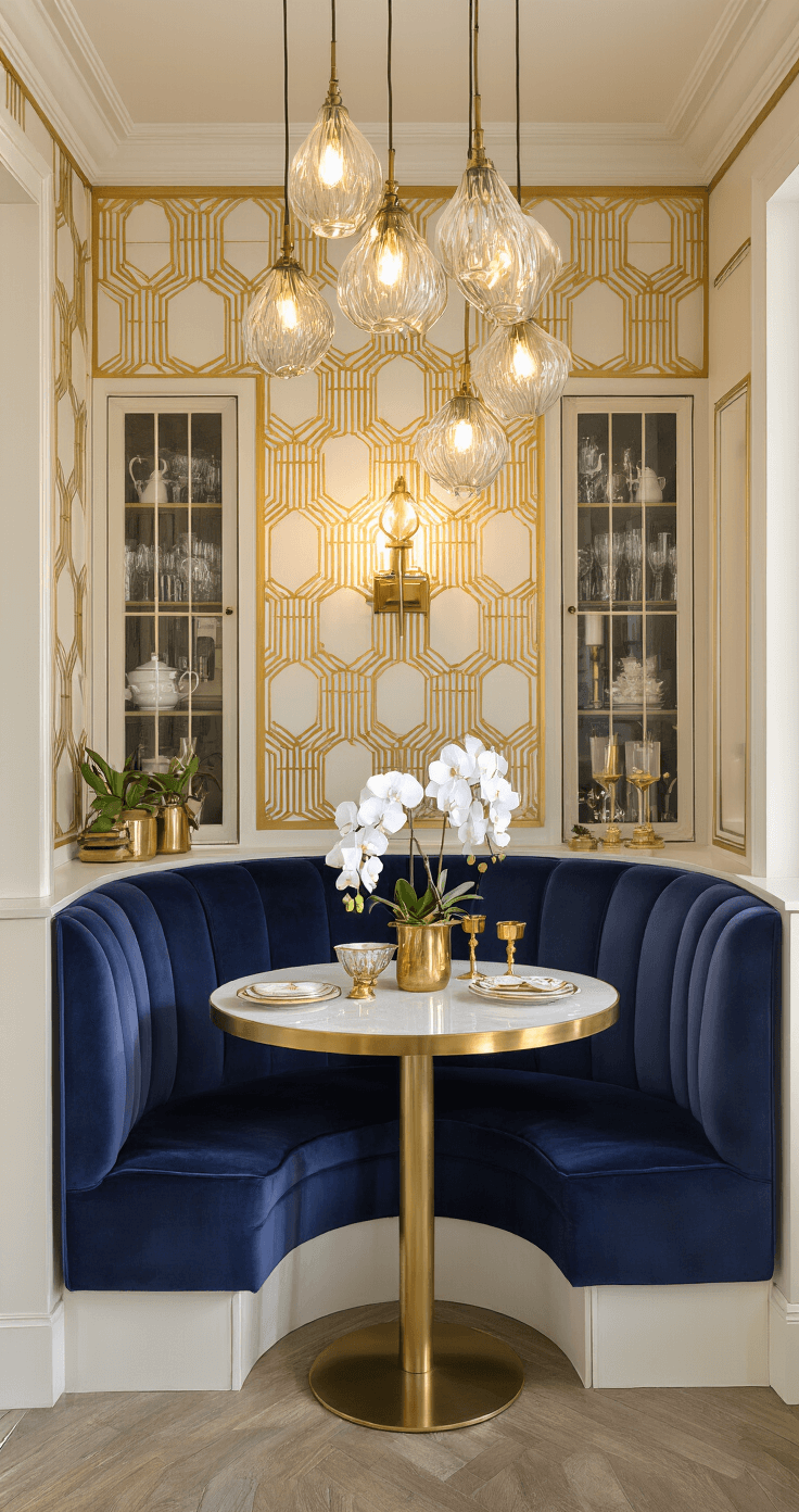 An intimate Art Deco-inspired breakfast nook featuring a curved navy velvet banquette around a circular brass table, illuminated by teardrop glass pendant lights. The wall is adorned with geometric gold and cream wallpaper, while a built-in china cabinet displays vintage glassware. A low centerpiece of white orchids in a brass vase with gold candlesticks adds elegance, all captured in soft ambient evening light.