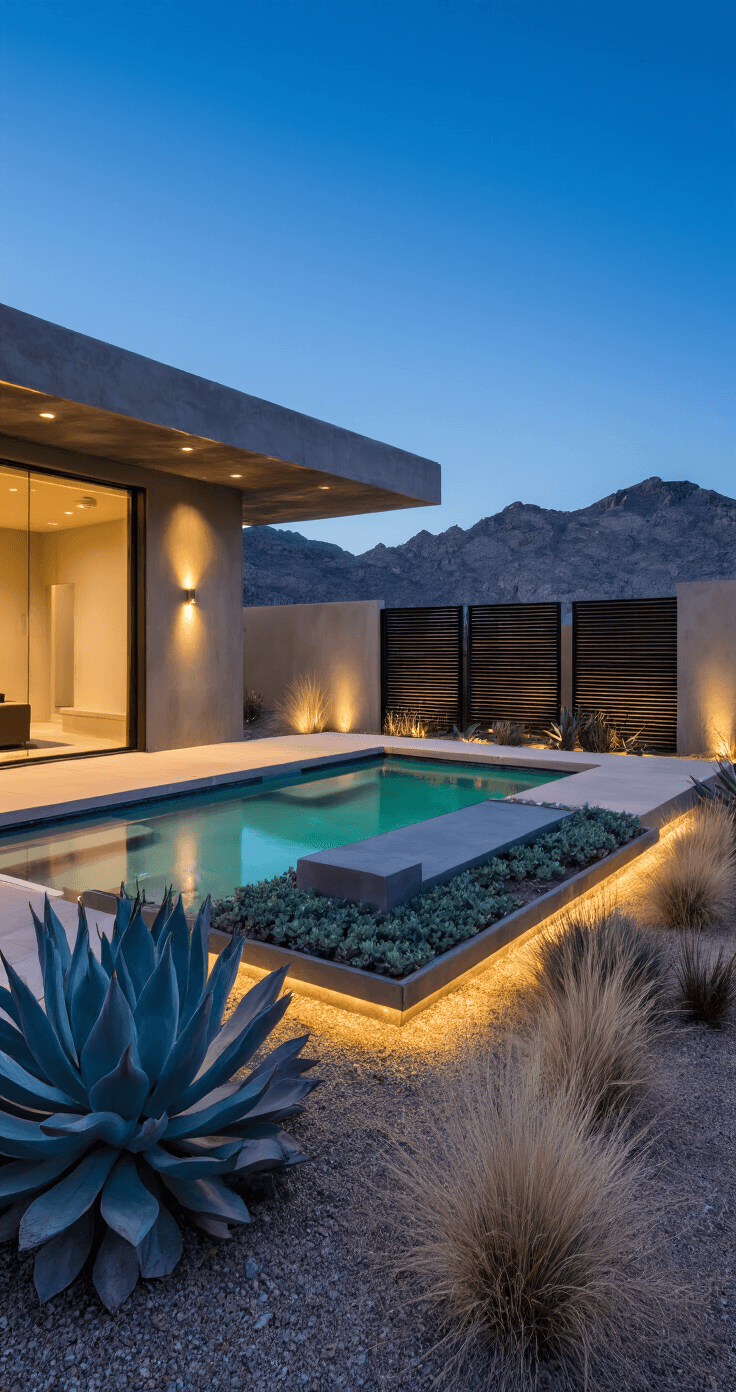 A dramatic twilight view of a contemporary desert oasis featuring a 20ft pool surrounded by sculptural succulents and desert grasses, with geometric concrete panels and decomposed granite. Built-in LED lighting enhances the architectural elements, while steel privacy screens provide an industrial touch.