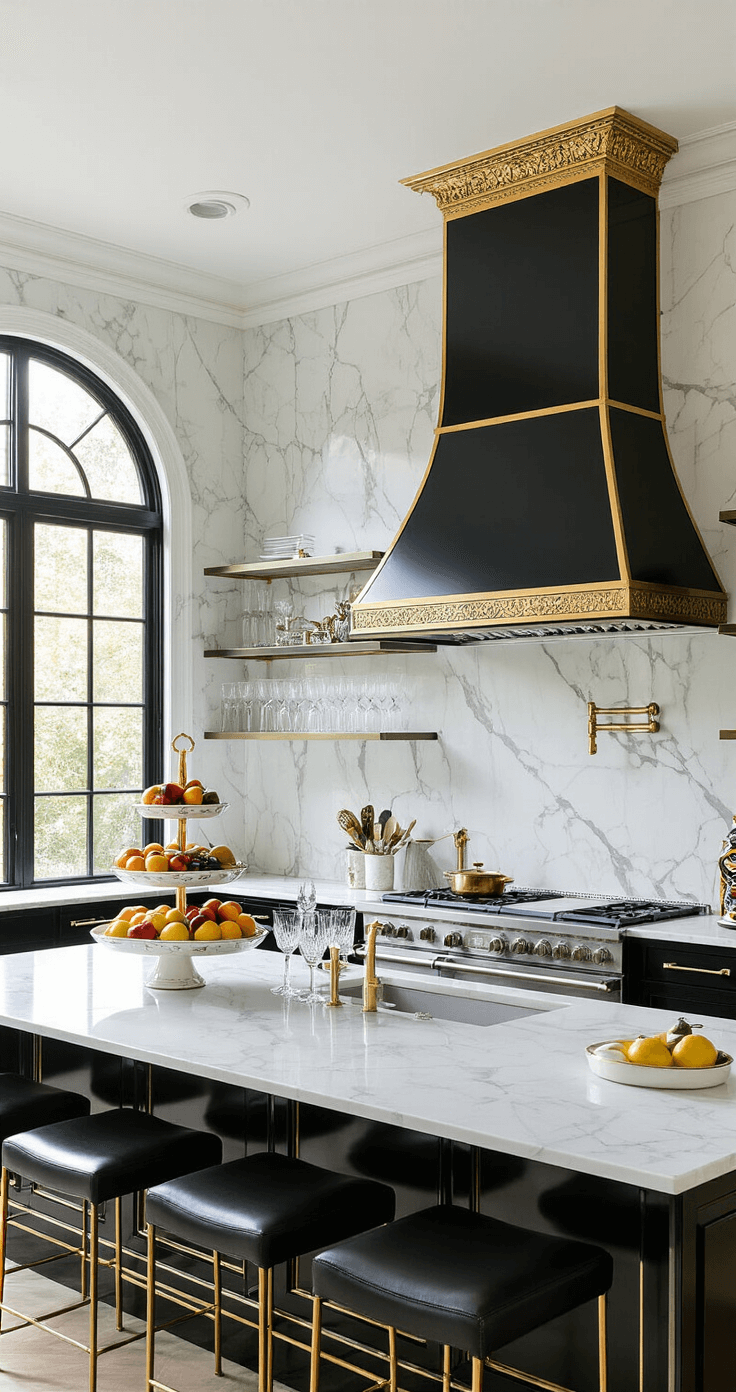 A grand Art Deco kitchen-dining space featuring a monumental black and gold range hood over a professional-grade stove, glossy black cabinets with gold inlay, and white marble countertops. High-backed black leather bar stools line a long island adorned with a large fruit stand and crystal decanters, under bright natural light from floor-to-ceiling windows. A low angle shot highlights the expansive room and metallic accents.