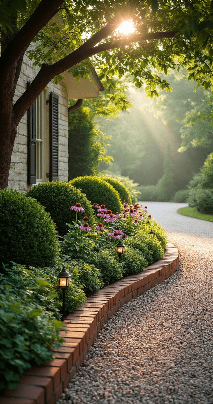 Intimate morning scene of a cottage-style driveway bordered by lush mixed plantings, with dappled sunlight filtering through trees, casting shadows on curved brick edging. Purple coneflowers and creeping thyme spill onto a gravel strip, while vintage solar pathway lights peek through the foliage, all enveloped in soft morning mist with muted greens, purples, and warm terra cotta tones.
