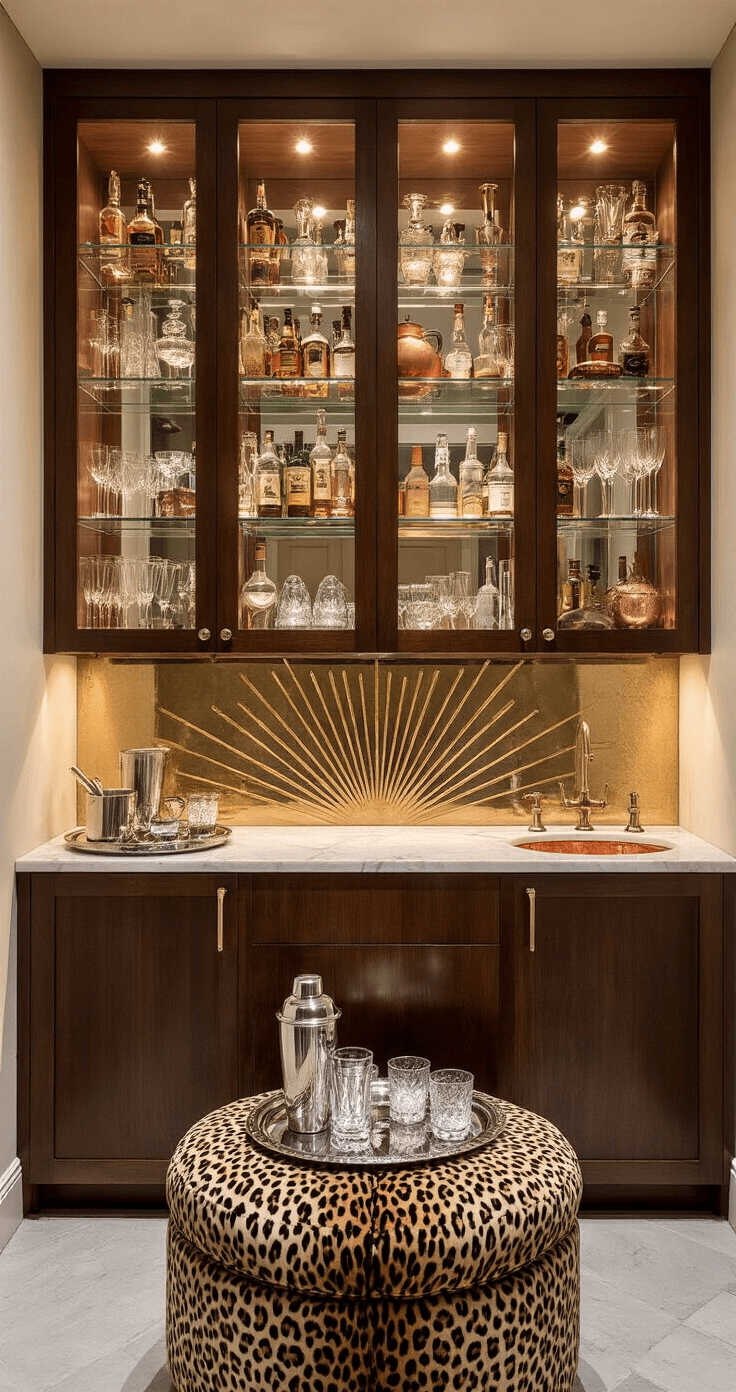 A cozy Art Deco-inspired butler's pantry at twilight, featuring a wall of illuminated glass-front cabinets displaying vintage barware, a wet bar with a hammered copper sink and mirrored sunburst backsplash, a plush leopard-print ottoman, and a silver tray with a cocktail shaker and glasses, all set in warm wood, copper, and silver tones.