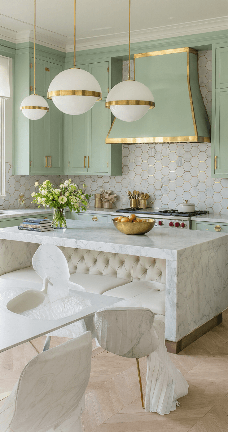 An Art Deco kitchen featuring a marble island with waterfall edges, oversized dome pendant lights, pale mint green cabinets, a channel-tufted banquette, and geometric patterns, all illuminated by bright natural light.