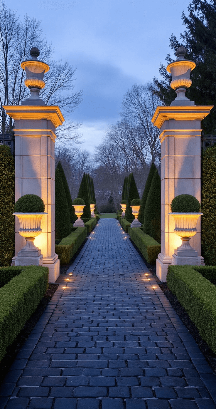 Dramatic twilight scene showcasing a formal driveway entrance with illuminated classical urns on either side of towering limestone pillars, framed by meticulously shaped yew pyramids and a black cobblestone border, highlighting warm lighting and rich color contrasts.