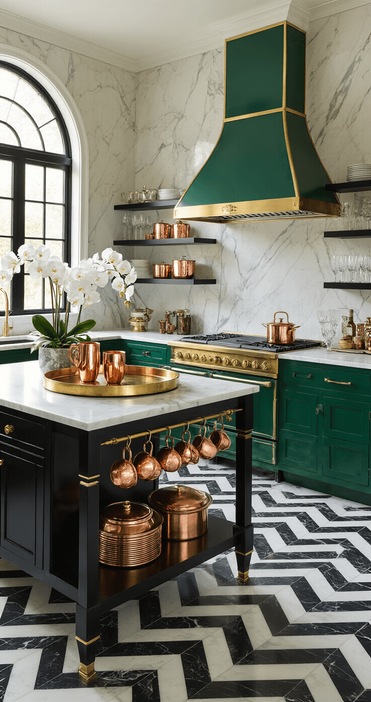 A sophisticated Art Deco kitchen featuring a black and white chevron marble floor, emerald green cabinets with brass trim, a black lacquered island, and warm golden hour light streaming through a grand arched window.
