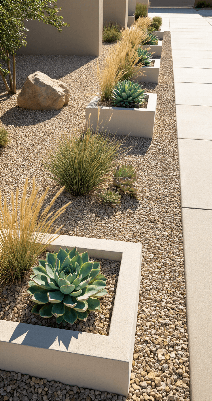 A bright midday view of a modern desert driveway featuring angular concrete planters with succulents and ornamental grasses, a crushed stone groundcover, strategically placed boulders, and dramatic shadows in a palette of sandy beiges, silver-blues, and sage greens.