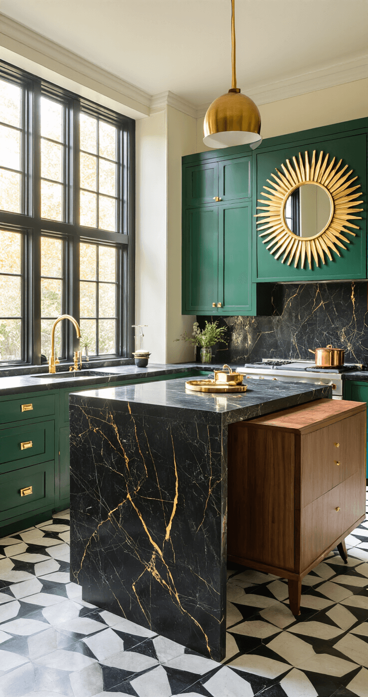 A luxurious Art Deco kitchen featuring a black marble island with gold veining, emerald green cabinets with brass handles, and a sunburst mirror above a walnut sideboard, all bathed in warm afternoon light. The space showcases a black and white chevron floor and metallic accents like a gold pendant light and copper cookware.