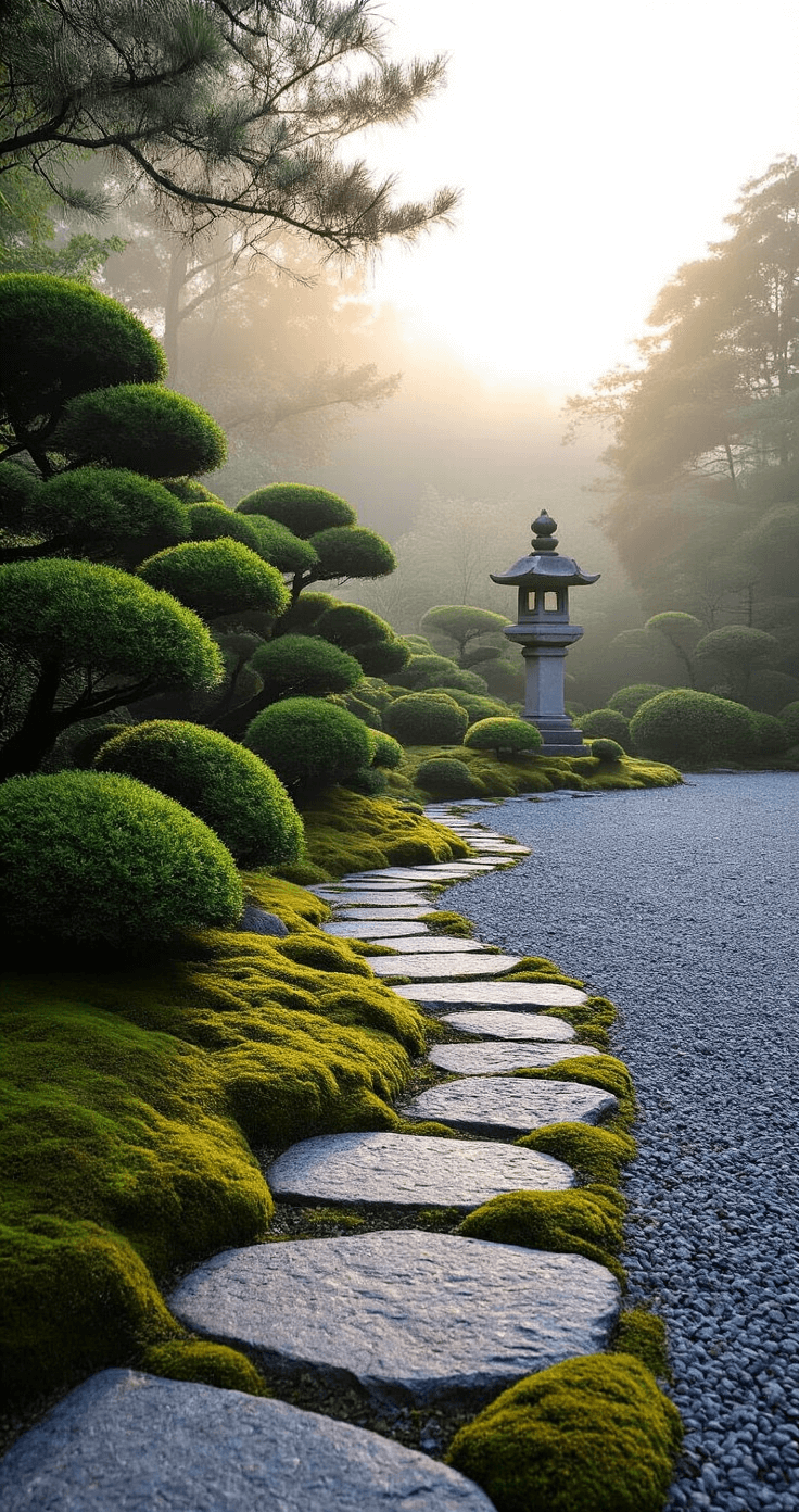 Intimate dawn scene of a Japanese-inspired driveway border featuring a natural stone pathway merging with a gravel edge, cloud-pruned junipers sculpting the landscape, and lush ground cover mosses. A stone lantern is partially visible amidst the foliage, all captured from a low angle in soft morning light with rich moss greens, charcoal, and misty grays.