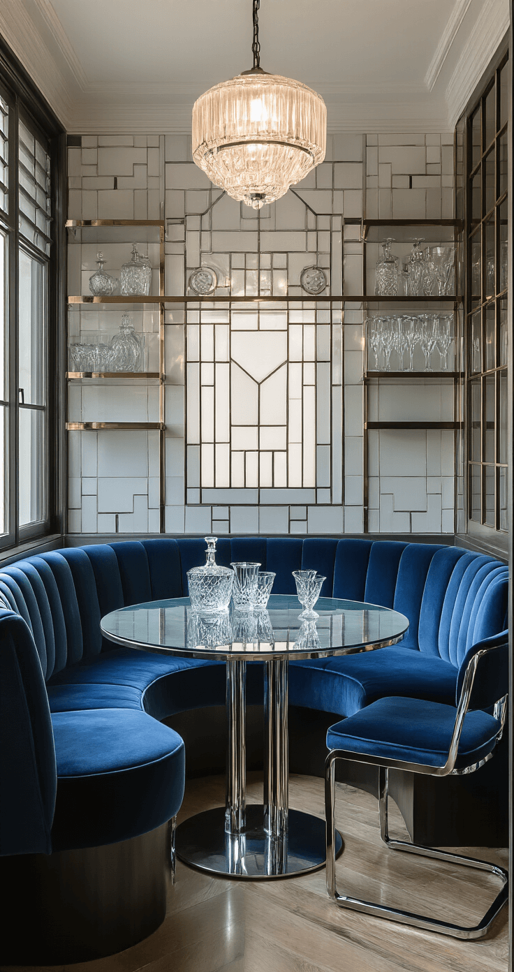Intimate Art Deco kitchen nook at dawn featuring a sapphire blue velvet banquette, glass-top table, chrome-legged chairs, and a geometric white and silver tile backsplash, with crystal decanters and vintage barware on open shelves, illuminated by a frosted glass light fixture.