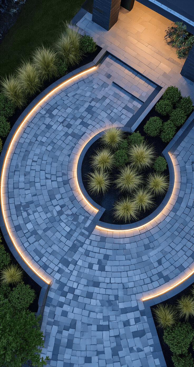 Overhead view of a modern circular driveway featuring geometric steel-edged planting beds with ornamental grasses and evergreen groundcover, illuminated by LED strip lighting in the evening blue hour, showcasing a charcoal, silver, and emerald color palette.
