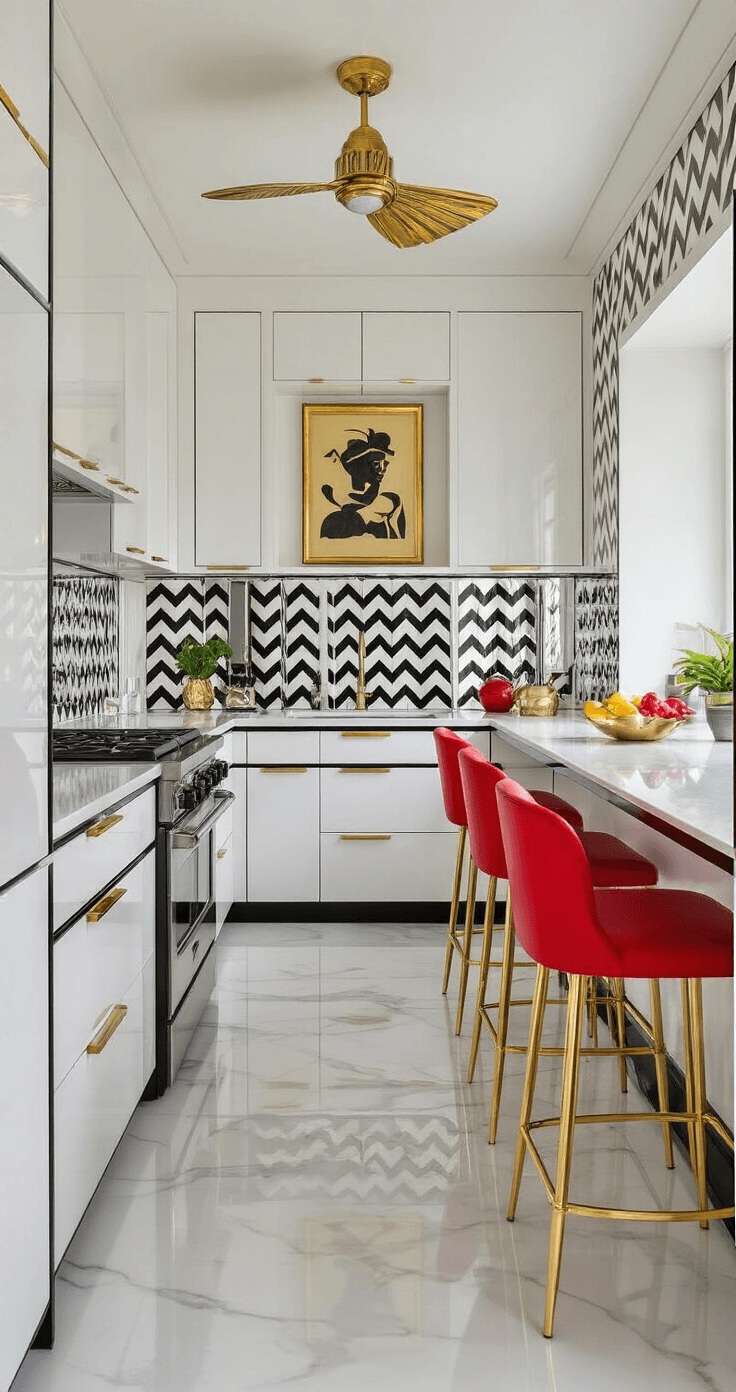 A narrow Art Deco kitchen featuring white high-gloss cabinets with black trim and zigzag patterns, a mirrored backsplash, ruby red bar stools at a small peninsula, gold-framed artwork, and a sculptural ceiling fan, captured with a wide-angle lens to emphasize the linear design and reflective surfaces.