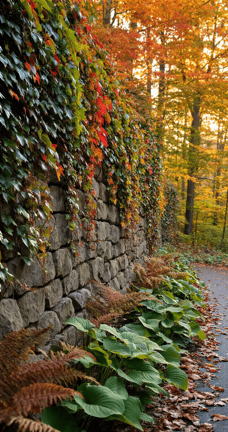 Detail shot of a woodland driveway edge in autumn, featuring a natural stone retaining wall covered in Boston ivy displaying vibrant fall colors, with native ferns and hostas below. Landscape lighting accentuates the textures, while golden late afternoon light filters through the trees, highlighting rich burgundies, copper, and forest greens.