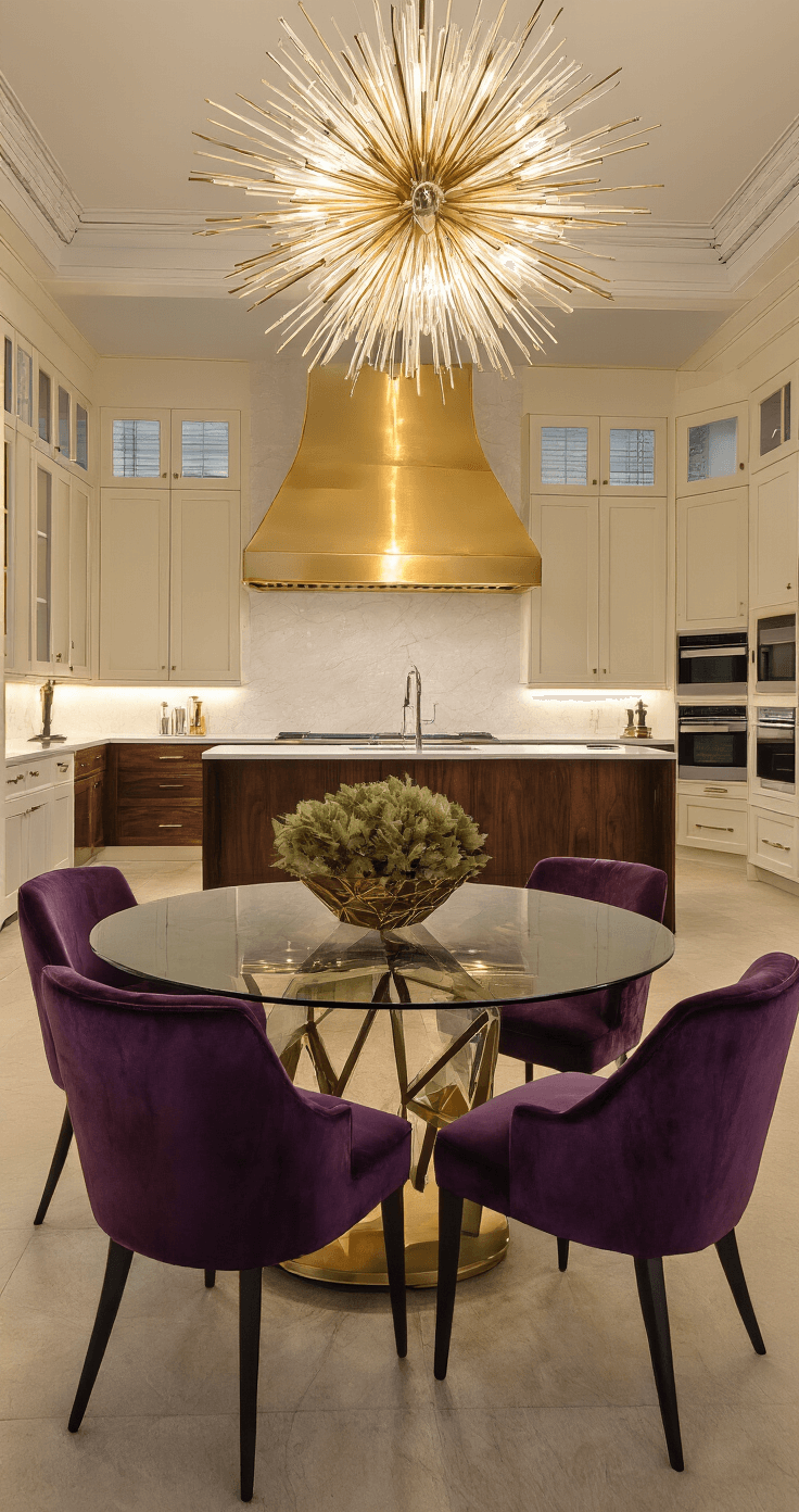 A beautifully designed Art Deco kitchen and dining area at dusk, featuring a dark walnut island, cream-colored cabinets, a gold range hood, plush deep purple velvet chairs, and a geometric glass dining table, all illuminated by warm ambient lighting with a large sunburst chandelier overhead.