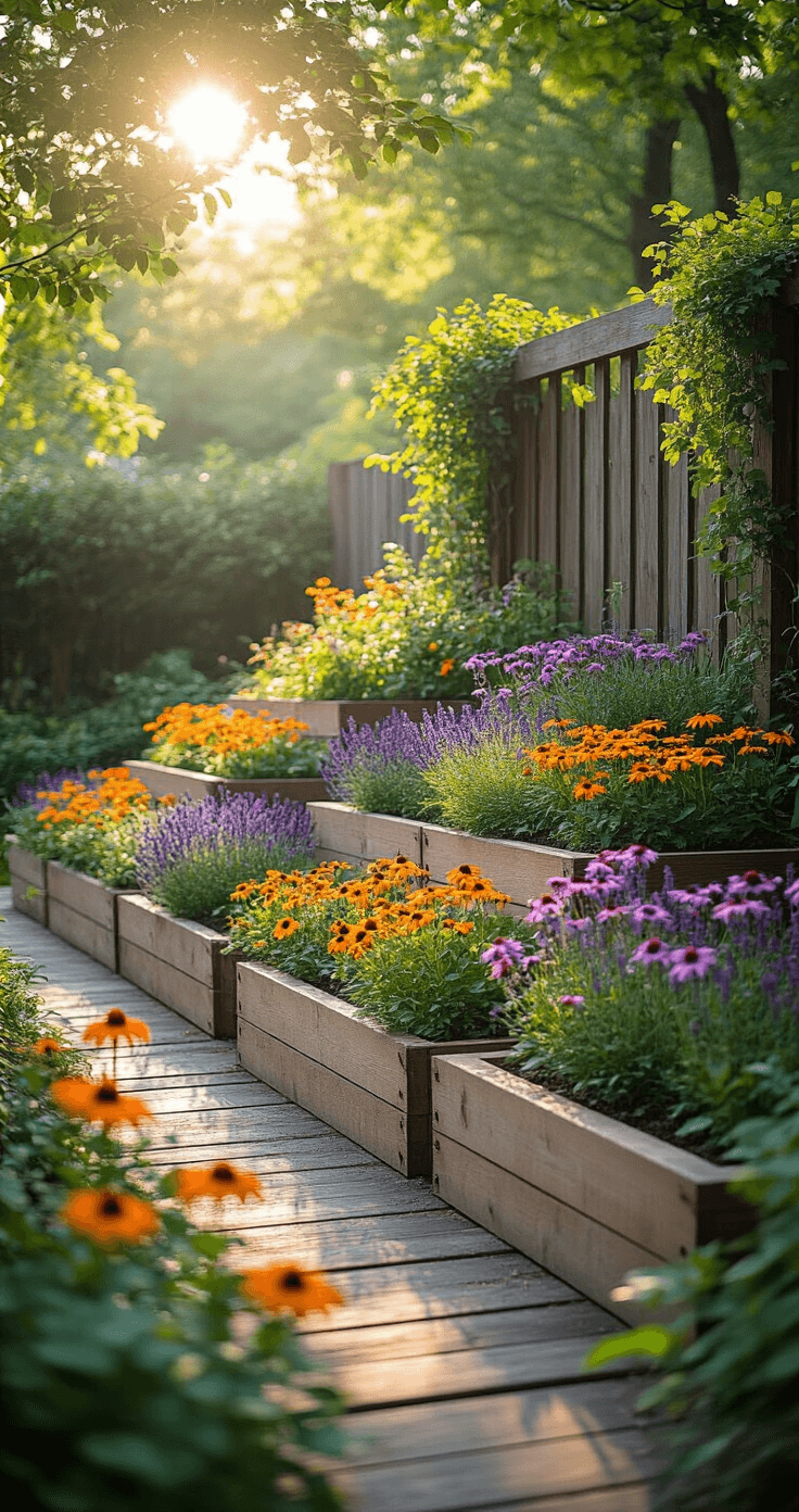 A sunlit corner of a yard featuring a multi-tiered raised flower bed made of weathered cedar, adorned with purple coneflowers, lavender, and butterfly weed, with a rustic metal trellis in the background draped in clematis, captured from a low angle with soft bokeh and natural morning light.