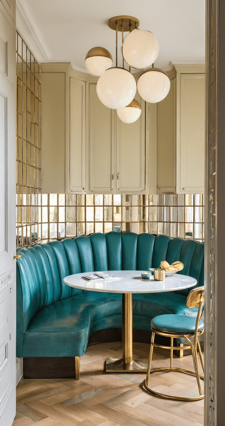 A close-up of a cozy Art Deco breakfast nook featuring a teal leather scalloped banquette, an antiqued mirror tiled wall, a round marble table, brass chairs, and globe pendant lights, set against floor-to-ceiling cabinets in pale gold with geometric inlays, illuminated by warm morning light.