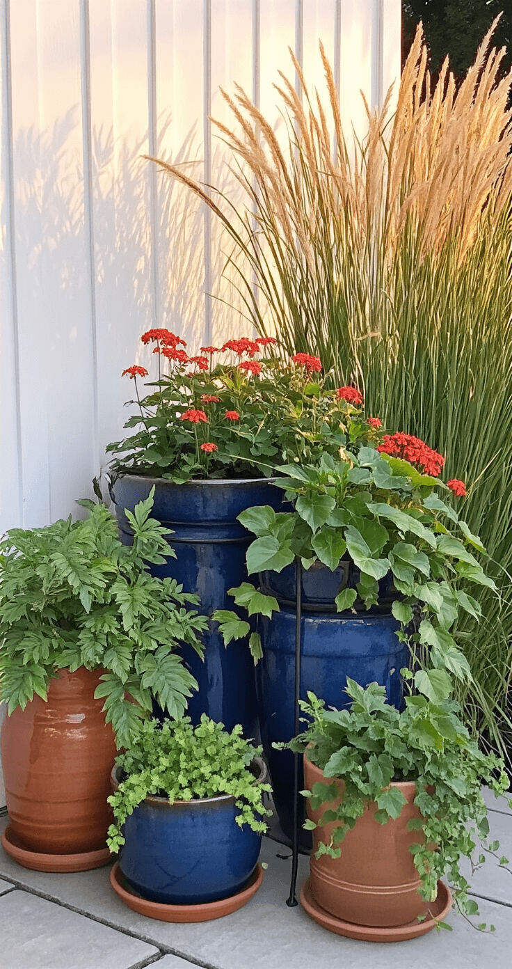 An intimate corner garden vignette featuring glazed ceramic planters in deep blues and earthy terracottas, with tall grasses, cascading coral bells, and creeping jenny. A vintage metal plant stand adds height, and warm backlighting highlights plant silhouettes against a whitewashed fence.