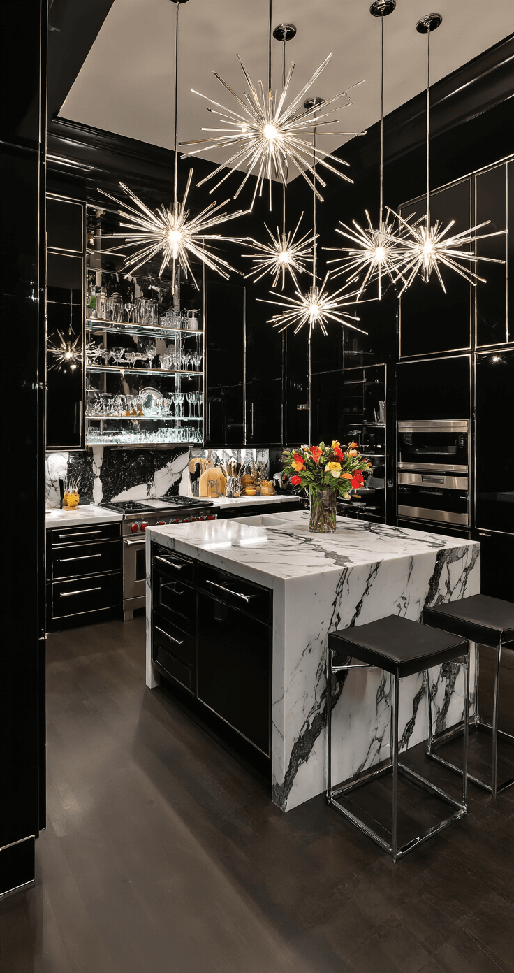 A dramatic Art Deco kitchen at night featuring black lacquered cabinets with silver trim, a large white marble island, starburst light fixtures, a backlit onyx wall, and chrome shelving displaying colorful glassware, captured from a corner.