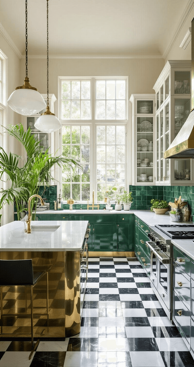 A spacious Art Deco kitchen with black and white checkered marble floors, a central island with a polished brass base and white quartz top, geometric glass cabinets, an emerald green tile backsplash, chrome pendant lights, and potted palms, illuminated by soft morning light.
