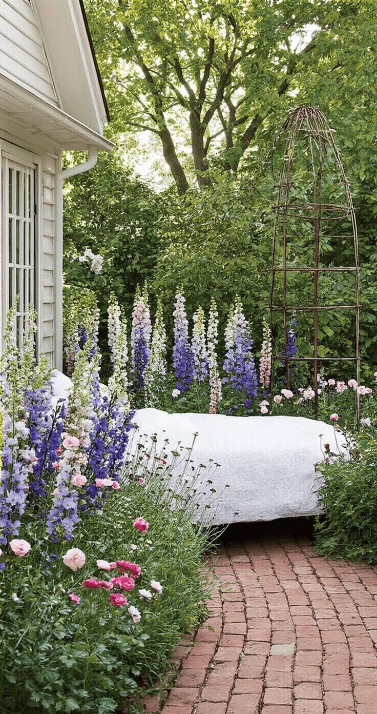 A corner cottage-style bed featuring layered perennials with tall delphiniums, medium salvias, and dianthus, surrounded by an aged brick pathway and a vintage wire obelisk supporting climbing roses, captured in soft diffused light at midday.
