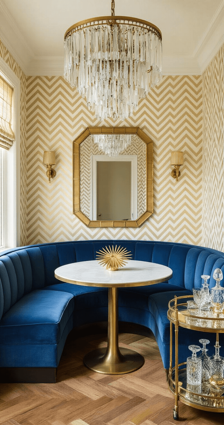 An intimate Art Deco breakfast nook featuring a deep blue velvet banquette, a round table with a bronze sunburst inlay, and a dramatic chandelier casting intricate shadows, all enhanced by warm afternoon sunlight and elegant chevron-patterned hardwood floors.